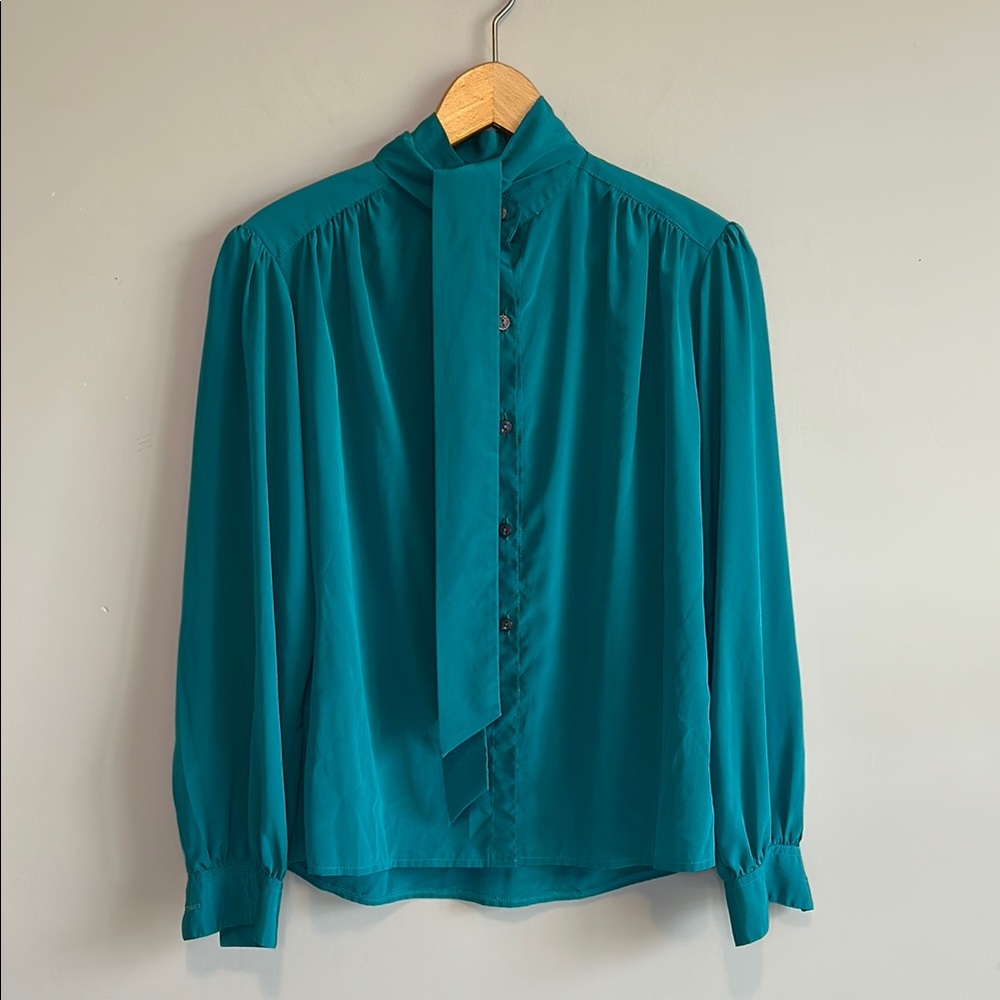 Vintage Aqua Bishop Sleeve Blouse with Tie Front and Mandarin Collar